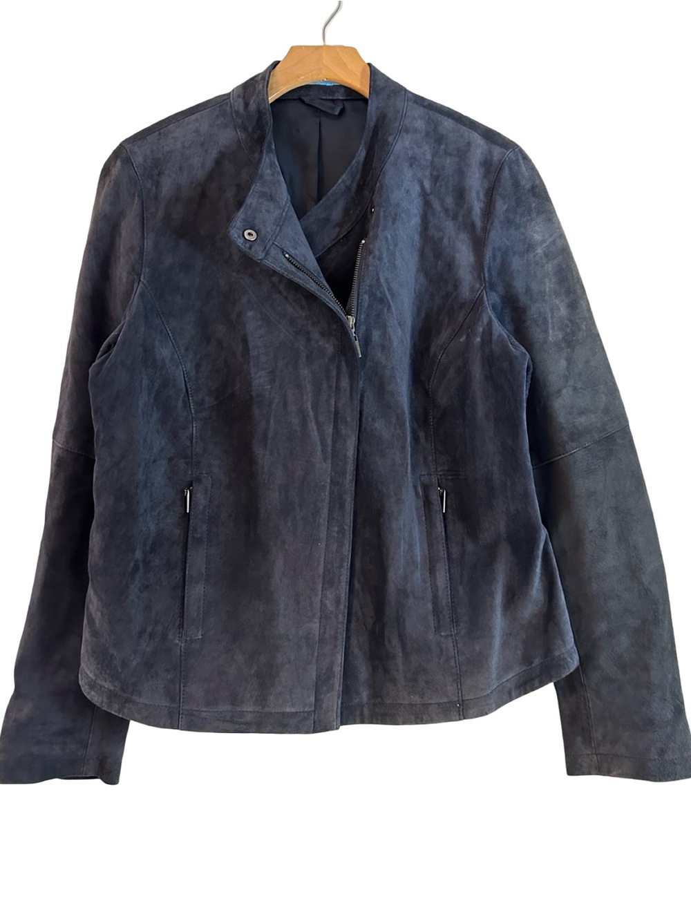 J. McLaughlin Women's Size XL Navy Blue Suede Asymmetric Zip Bomber Jacket